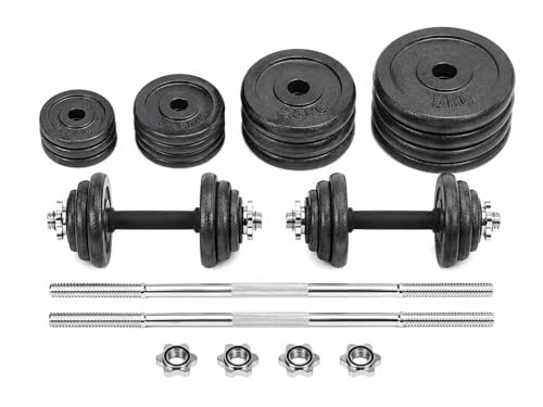 Cast Iron Adjustable Dumbbell & Barbell Weight Set with Spinlock Plates Bars for Home Gym Strength Training Fitness Workout Equipment 15kg 20kg 30kg 50kg Sets (20KG Set, Without Case)