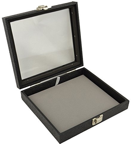 boxdisplays Display Case with Glass Lid & Clasp + Grey Velvet Pad Insert