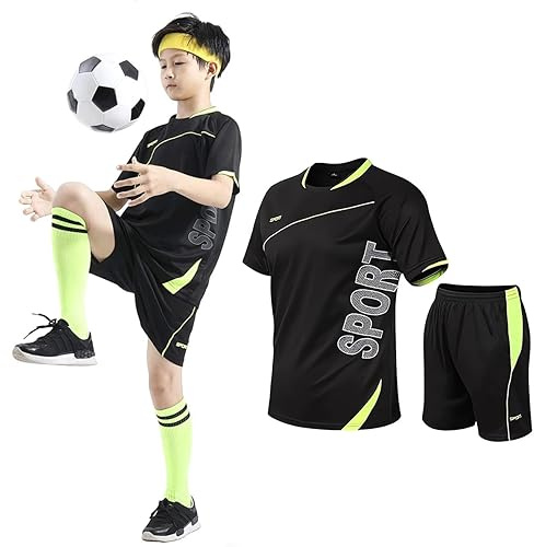 Coralup Kids Sports Shorts Sets Football&Basketball Uniform Jerseys Tracksuit Training Suits Summer Beach Short Sleeve Set Black 10-11Years