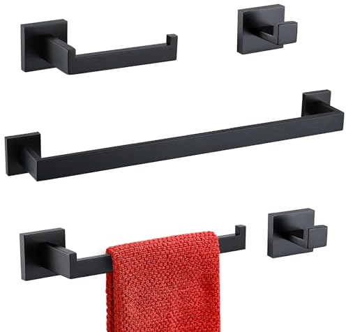 TURS Black Bathroom Hardware Set - 5-Piece Set Includes 23.6 Inch Towel Bar, Hand Towel Holder, Toilet Paper Holder, 2 Robe Hooks - SUS304 Stainless Steel