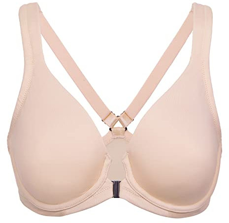 Delimira Women's Front Fastening Bras Seamless Unlined Racer Back Plus Size Underwired Plunge Bra Beige 34DD