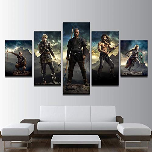 VENDISART,Leinwanddrucke,Modulare Wandkunst Wandaufkleber,5 Teiliges Wandbild,Vikings Movie Modulare Bilder Für Das Wohnzimmer,Mit Rahmen,Größe:M/B=150Cm,H=80Cm