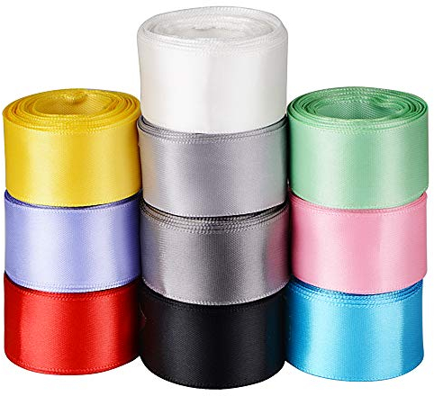 FLOFIA 50m 10 Farbe Satinband 25mm Geschenkband Satin Dekoband Seidenband Geschenk Schleifenband Stoffband für Hochzeit Taufe Maibaum Geburtstag Rosa Weiß Schwarz Rot Iris Silber Grau Minzgrün