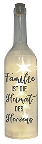 WB wohn trends LED-Flasche mit Motiv, Familie ist die Heimat des Herzens, grau, 29cm, Flaschen-Licht Glitzer-Flasche Leuchtflasche Lampe mit Text Spruch