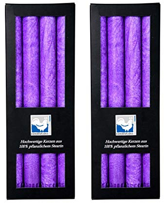 Kerzenfarm Hahn 8 Stearin-Stabkerzen - 8er Set (2x4 STK.) 22 x 250 mm | Violett/Lila - pflanzliche Tafelkerzen Echtwachs