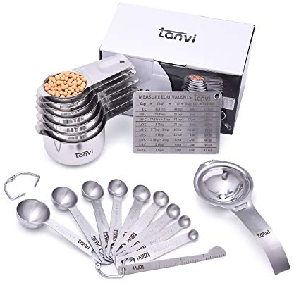 Tanvi 19pcs Stainless Steel Measuring Cups and Spoons Set for Cooking and Baking with American and British Measurements, Leveller & Free Egg Separator