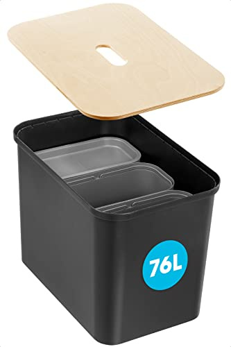 SmartStore Recycling Bin - 76L Large Kitchen Bin with Wood Lid, 3x 13L Bucket Inserts, 2x Small Lids - Sturdy Recycling Bins for Kitchen with 10 Year Guarantee - Black Kitchen Bin (L57xW38xH42cm)