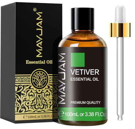 MAYJAM Vetiver Essential Oil 100ML - Premium Diffuser Oil | with Glass Dropper, Long Lasting Aroma, for Diffuser, Aromatherapy, Massage, Candle and Soap Making, Bedroom, Office