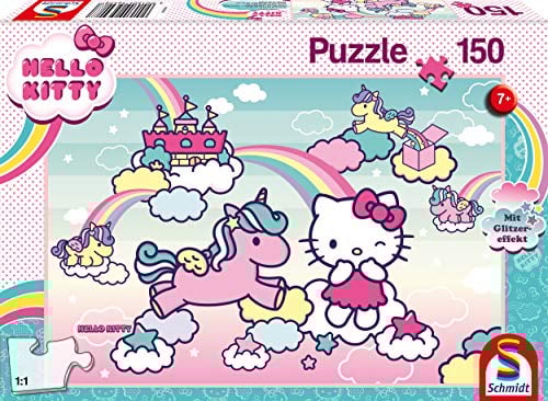 Schmidt Spiele 56408 Hello Kitty, Glitzerpuzzle, Kittys Einhorn, 150 Teile Kinderpuzzle, bunt