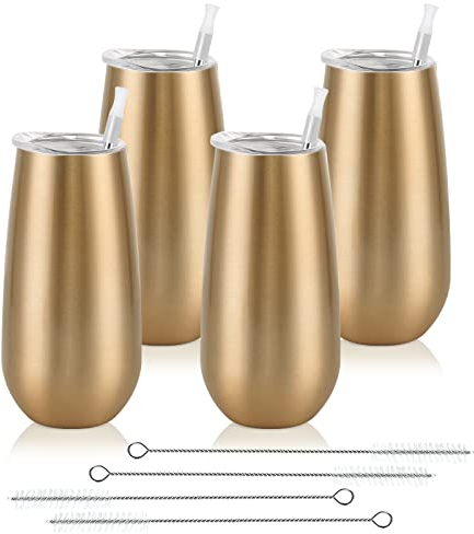 Lot de 4 verres à vin sans pied isothermes sans pied à double isolation de 177 ml avec couvercle, flûte à champagne sans pied (doré)