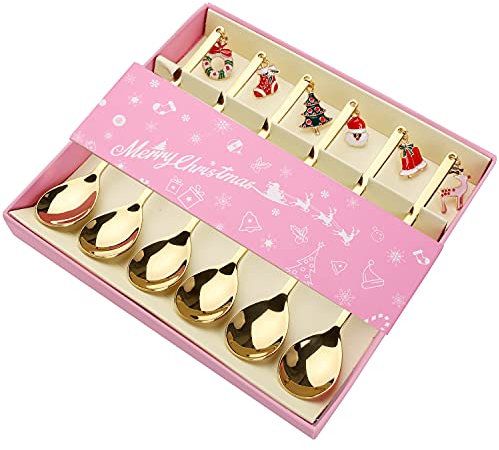 Christmas Coffee Teaspoons, 6pcs Stainless Steel Coffee Gifts Cute Tea Spoons Set Ice Cream/Dessert/Stirring/Sugar Spoon（Gold）