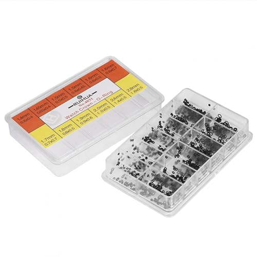 Uhrenkrone O-Ring, Uhren Reparatur Set 12 Größen Gummi Unterlegscheibe Uhrenkrone Kopf O-Ringe wasserdicht Abdichtung Unterlegscheibe Ring Box Set Uhrenreparaturwerkzeuge für Reparatur Uhren Schwarz
