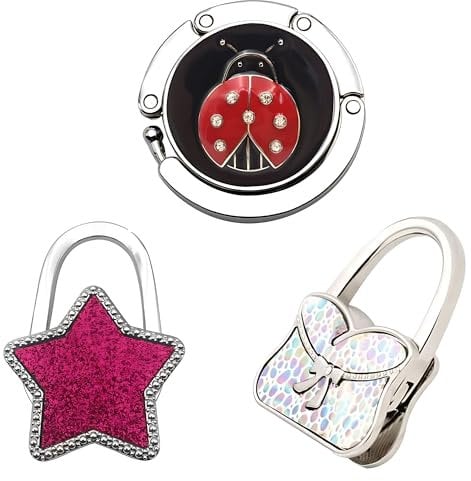 3-Pack Decorative Handbag Table Hooks | Foldable & Magnetic Desk Clips for Purses | Stylish Ladybird, Star & Purse Designs | Portable & Durable | Protects from Germs & Dirt | Up to 3kg Capacity