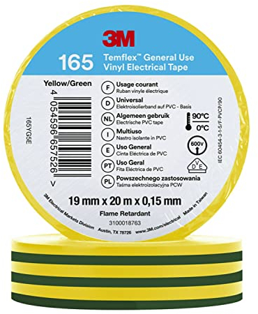 3M Temflex 165 - Cinta aislante (vinilo, 0,152 mm x 19 mm x 20 m), color amarillo