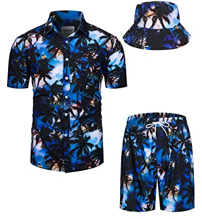 TUNEVUSE Ensemble 2 pièces pour homme avec chemises et shorts hawaïens - Imprimé floral - Costume tropical d'été avec chapeau cloche, 16 bleu marine, Large