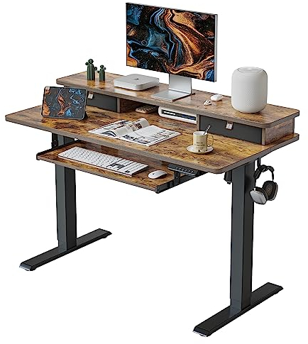 FEZIBO Height Adjustable Electric Standing Desk with Keyboard Tray, 120 x 60 cm Stand Up Table with Storage Shelf, Sit Stand Desk, Rustic Top