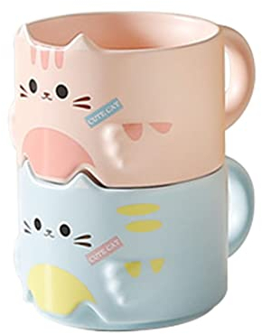 GENTI Kawaii Cup Ceramic Cat Mug Set of 2 Couple Cat Cup Stackable Cute Tea Cups for Women Gift For Birthday Valentines Day Christmas(Blue+Pink)