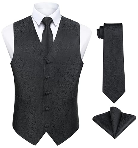 Enlision Herren Weste Schwarz Paisley Floral Jacquard Weste mit Krawatte und Einstecktuch Taschentuch Weste Anzug Set Hochzeit,L