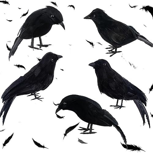 Fangoo 5 Stück Halloween Krähen Dekoration,Halloween Realistische Handmade Krähen Halloween Schwarz gefiederten Krähen Flying Halloween Krähen für Halloween Party im Freien Innenraum Dekoration