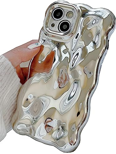 JANDM Schutzhülle für iPhone 15, 3D-Wellen-Blasenform, geriffeltes Chrom-Muster, weich, vergilbungsfrei, Glitzer, glänzende Kamera, stoßfest, für Damen und Mädchen, für iPhone 15, Silber