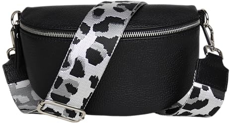 MIRROSI® Bauchtasche Damen, Echtleder, Made in Italy, Umhängetasche, Brusttasche, Crossbody Bag (1 Tasche & 2 Gurte) (Kleine Tasche (22x13x6cm), Schwarz (Leo Grau))