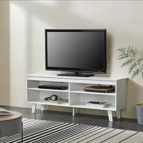 [en.casa] Meuble TV Banc Télévision Support Écran Meuble de Rangement Bas avec Étagères Passe-Câbles Panneau de Particules Bois de Pin 58 x 150 x 38 cm Blanc