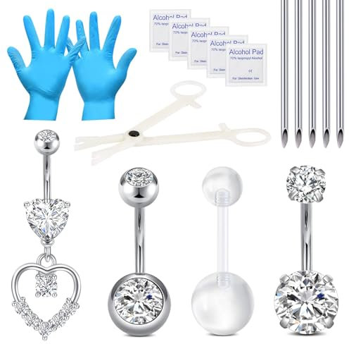NIUSIMAN Bauchnabelpiercing Set Kit,14G Piercing Bauchnabel Kit Edelstahl Dangly Bauchnabelpiercing Bars mit selbst Piercing Nadeln Zange Einweg-Piercing Klemmen Set Bauch Piercing Sets Do It Yourself