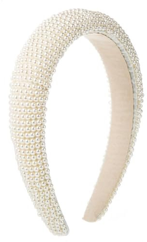 scicent Headbands White Faux Pearl Hairbands Bling Rhinestone Wide Thick Hair Band Bridal Beaded Elegant Hair Styling Accessories for Women Girls 16427
