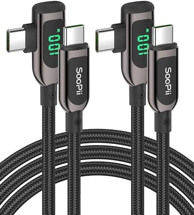 SOOPII 100W Right Angle USB C to USB C Cable with LED Display, 6.6FT Zinc Alloy Nylon Braided USB C PD Charger Cable,Fast Type C to Type C Charging Cord for lPhone 15,iPad Pro,MacBook Pro,Galaxy S23