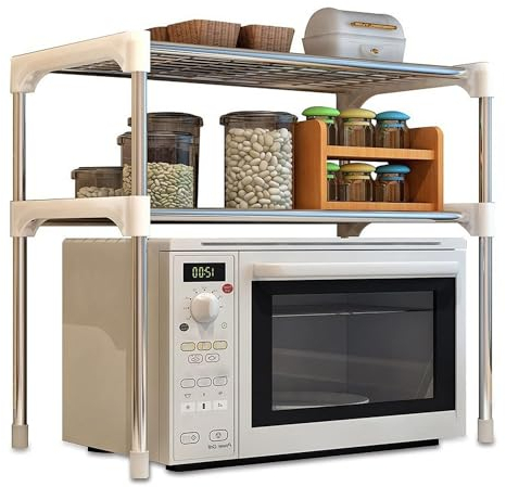 YORKSHIRE HOMEWARE 2 Tier Microwave Oven Storage Rack | Extendable Shelf | Utensils Shelving Storage Unit Organiser | Stainless Steel Shelves Kitchen | Space Saver Microwave Shelf Stand