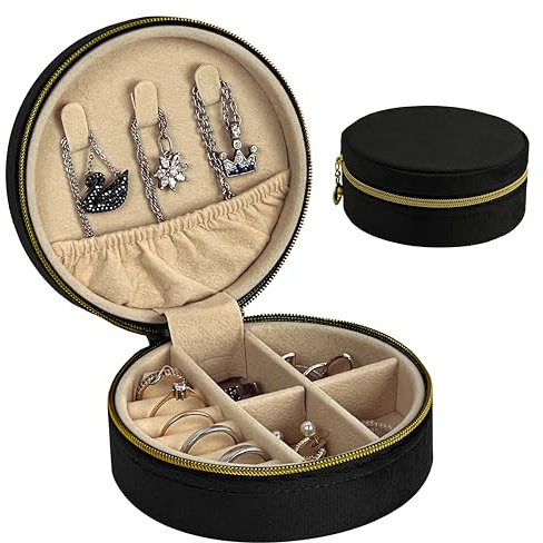 HomeGadget Reise Schmuckkästchen - Runde Schmuck Box aus Samt mit Reißverschluss - Jewelry Organizer - Schwarz