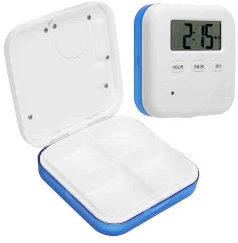 Pille Organizer, 4 Fächer Großen Separaten Tablettenbox ABS Pillendose Erinnerungs Alarme Tragbare Medizin Box Mit Timer, Lauter Klang Smart Pille Vitamine Fall Tablettenbox Fächern für Medikamente
