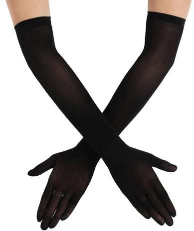 DIVINA VITAE Long Black Gloves Women's Black Sheer Tulle Gloves Sexy Mesh Opera Glove Stretchy Elbow Length Glove Ladies Wedding Outdoor Party Opera Halloween Costume 1920's Dance