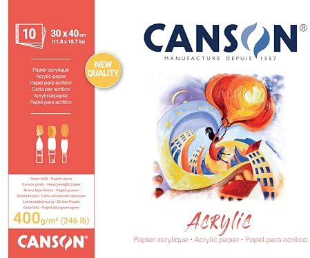 CANSON Acrylic, Papel para acrílico, Grano tipo lienzo, 400 gsm, Bloc encolado por el lado corto, 30 x 40 cm, Blanco Natural
