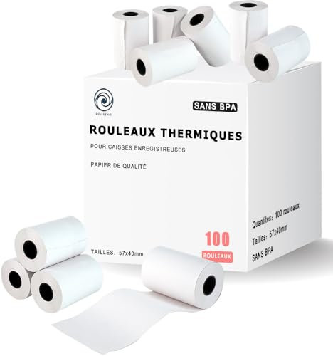Rollgenio rouleau de papier thermique premium de 57 x 40 mm pour reçu de caisse pour machine à cartes de crédit POS, PDQ,EPOS [Paquet de 100 200 300 400 500] (500)