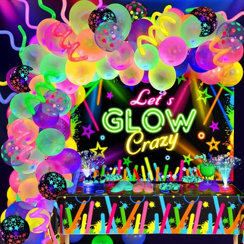 Tacobear Neon Party Deko Schwarzlicht Deko Disco Party Zubehör mit Luftballons Girlande Fluoreszierend Modellierballons Hintergrund Tischdecke Kindergeburtstag Erwachsene Kinder 161Stk
