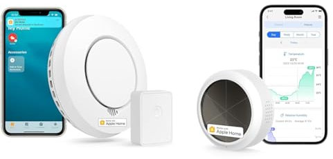 Meross Détecteur de Fumée Interconnecté, Détecteur de Fumée Intelligent Compatible avec Apple Home & Thermomètre Hygromètre Intelligent à Énergie Solaire, Capteur de Température et d’Humidité