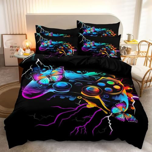 DXHOME Bettwäsche 135x200cm Gamer Gamepad Spiele Blau Lila Bettwäsche Set 3D Druck Weiche Mikrofaser Wende Bettwäsche 2 Teilig Jugendliche Jungen Bettbezug mit Reißverschluss + 1 Kissenbezug 80x80 cm