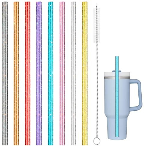 EIHI 8 Stück Wiederverwendbare Strohhalme Glitzernde Lange Strohhalme 30 cm Strohhalme Plastik Dicke Kunststoff Strohhalme Bunte Transparente Strohhalme mit Reinigungsbürste (Mulitifarbig)