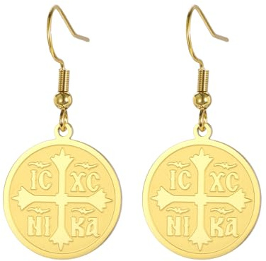 EUEAVAN Ohrringe Kreuz Jerusalem Kreuz Templer Ritter Ohrringe Medaillon Scheibe Religiöser Schmuck Griechisch Gebet Erklärung Geschenk Frauen (Orthodoxes gold)