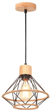 TOKIUS Suspension Luminaire Vintage Industrielle Lustre Abat-jour en Métal et Corde de Chanvre Ø220mm Plafonnier E27 avec Bois Rétro Pour Salon Cuisine Chambre (C-L-220MM-1)