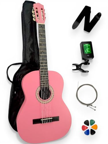 AMROVA - Guitare Classique Enfant 1/2 Gaucher (6-10 ans) + Housse + Sangle + Accordeur + Cordes + Médiators + Cours Vidéo Offerts (Rose, 1/2, Gaucher)