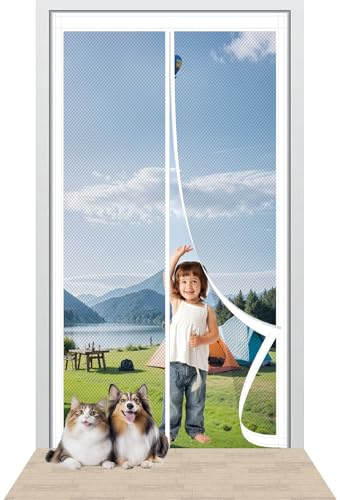 Fly Nets for Doors 126 x 205 cm Easy to Install Without Drilling Magnetic Screen Door with Powerful Magnets/Full Frame Magic Tape for Home Office Balcony Patio Garden, White