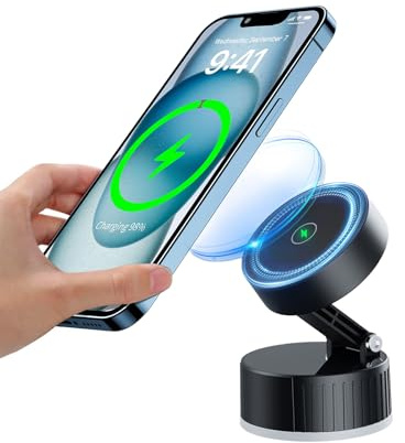 Vacuum Magnetic Phone Holder, Magnetic Phone Holder for Car, Electric Suction Cup, Phone Mounting, 180 Degree Adjustable Smartphone Holder with 15 W Wireless Charging, Safe