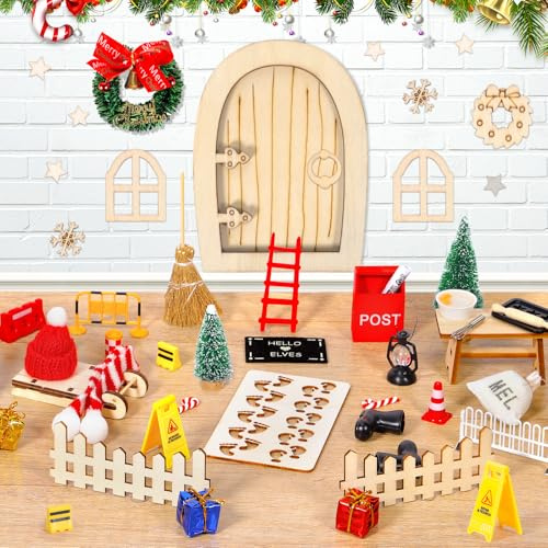 VIPNAJI 70 Pezzi Porta Elfo Natale Kit, Casetta Elfo di Natale Decorazioni, Porticina Elfo Natale Legno Accessori con Set da Forno, Set da Cantiere, Ghirlanda di Natale, Mini Albero Natale, Slitta...