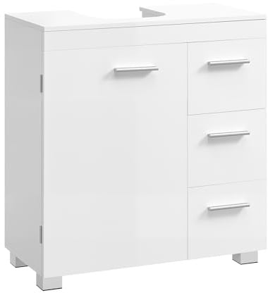 VASAGLE Meuble sous Lavabo, Meuble de Salle de Bain, 3 Tiroirs Latéraux, 2 Cases Derrière la Porte, pour Lavabos sur Colonne, avec Pieds, 30 x 60 x 64 cm, Blanc Nuage BBK514WB01