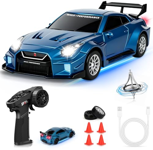 YOOHBERRYS Coche RC Drift Pro, 1:43 Mini RC Drift Car, 4WD Coche Radiocontrol con Giroscopios y Luces LED, 15km/h, Coche Teledirigido de Juguete para Niños de 14+ Años (Azul)