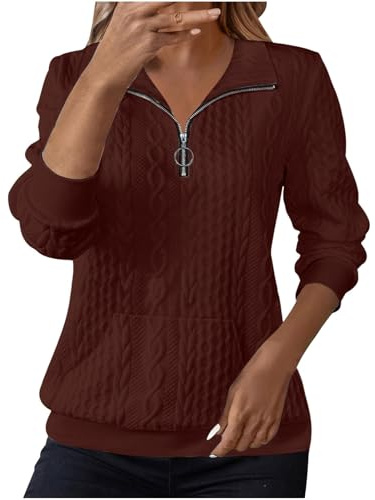 Oversized Jumper Women Jumpers for Women UK Sweatshirts Lapel Half Zip Pullover Knit Cable Ladies Sweatshirt Long Sleeve Tops Fall Winter Sweaters Warm Hoodies Outfit Clothing Coffee L