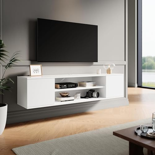 ELEGANT Floating Wall Mount TV Cabinet Unit with Storage for Living Room Entertainment Center, High Gloss TV Stand, White Side Cabinet, Multi-Media Device Compatible, Floor or Wall Mount