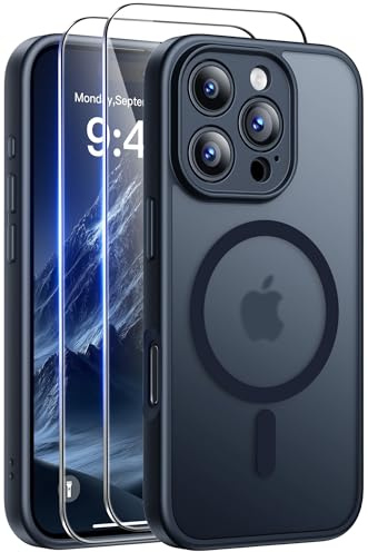 FLLAO for iPhone 16 Pro Case, Magnetic Bumper Case with 2X HD Screen Protector, Full Camera Protection, Military-Grade Shockproof, Slim Translucent Matte Cover, Black